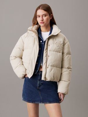 grey relaxed chenille logo puffer jacket for women calvin klein jeans