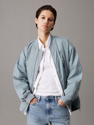 grey blue long padded bomber jacket for women calvin klein jeans