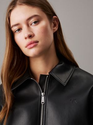 ck black faux leather zip up jacket for women calvin klein jeans