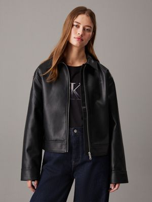 black faux leather zip up jacket for women calvin klein jeans