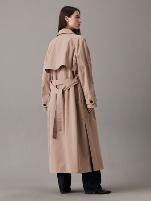 taupe gray cotton nylon long trench coat for women calvin klein jeans