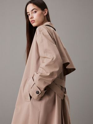 taupe gray cotton nylon long trench coat for women calvin klein jeans