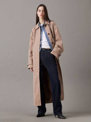 taupe cotton nylon long trench coat for women calvin klein jeans