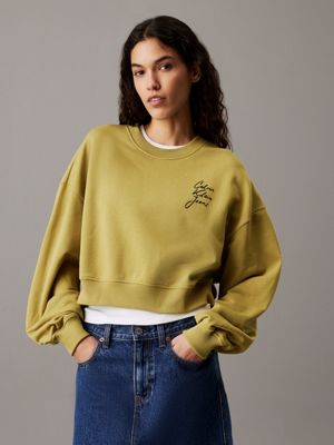 green boxy cotton terry sweatshirt for women calvin klein jeans