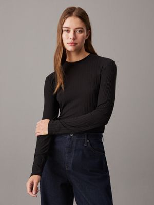 black semi sheer rib long sleeve top for women calvin klein jeans