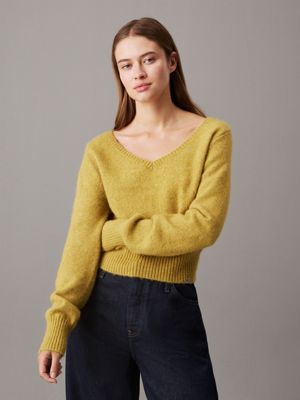 mustard yellow plush wool blend v-neck jumper for women calvin klein jeans