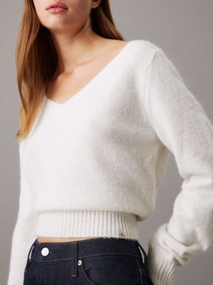 ivory plush wool blend v-neck jumper for women calvin klein jeans