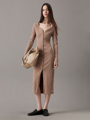 taupe slim ribbed buttoned maxi dress for women calvin klein jeans