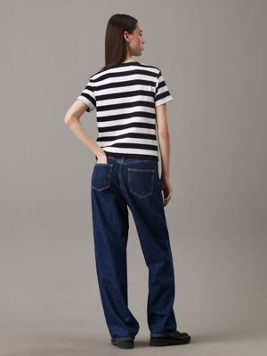 ck black / bright white striped schmales, gestreiftes rippen-t-shirt für damen - calvin klein jeans