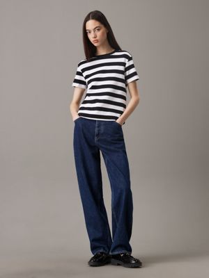 ck black / bright white striped schmales, gestreiftes rippen-t-shirt für damen - calvin klein jeans