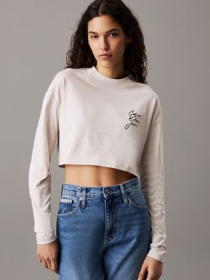 cream cropped long sleeve t-shirt for women calvin klein jeans