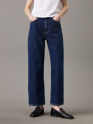 dark blue high rise barrel jeans for women calvin klein jeans