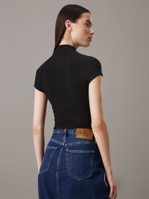 ck black slim textured rib t-shirt for women calvin klein jeans