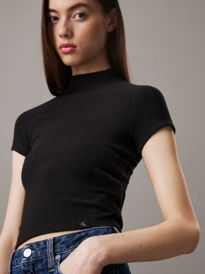 ck black slim textured rib t-shirt for women calvin klein jeans