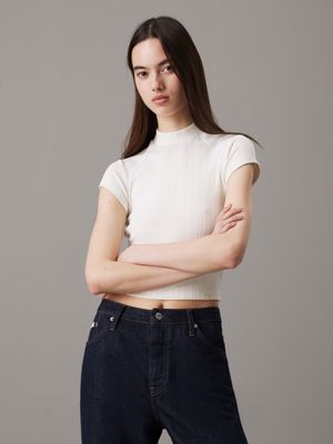 ivory slim textured rib t-shirt for women calvin klein jeans