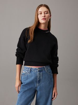 black cotton wool logo collar jumper for women calvin klein jeans