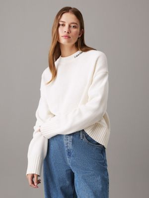 ivory cotton wool logo collar jumper for women calvin klein jeans