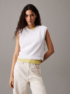 white relaxed cotton linen knit top for women calvin klein jeans