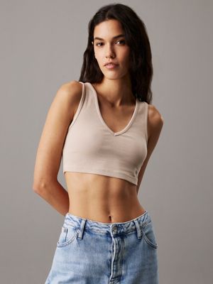 top de corpiño de canalé de algodón beige de mujeres calvin klein jeans