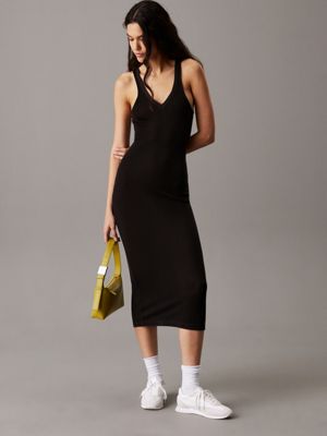 black soft knit v-neck midi dress for women calvin klein jeans