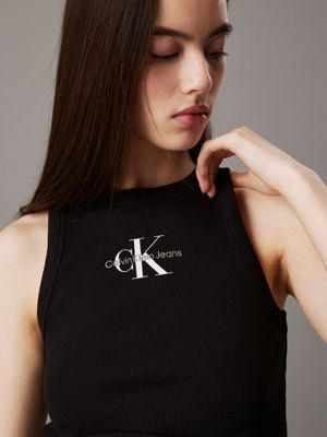 ck black slim ribbed monogram tank top for women calvin klein jeans