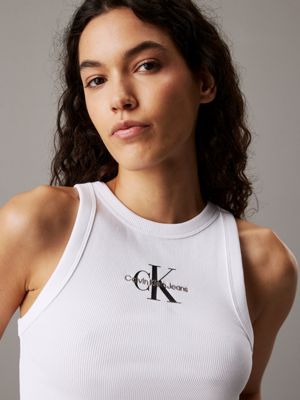 brilliant white slim ribbed monogram tank top for women calvin klein jeans