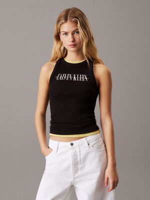 black ribbed cotton logo tank top for women calvin klein jeans