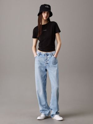 ck black slim cropped badge t-shirt for women calvin klein jeans