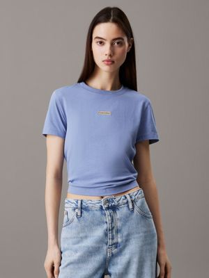 blue slim cropped badge t-shirt for women calvin klein jeans