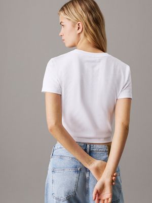 brilliant white slim cropped badge t-shirt for women calvin klein jeans