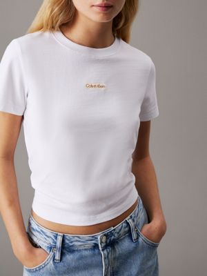 brilliant white slim cropped badge t-shirt for women calvin klein jeans