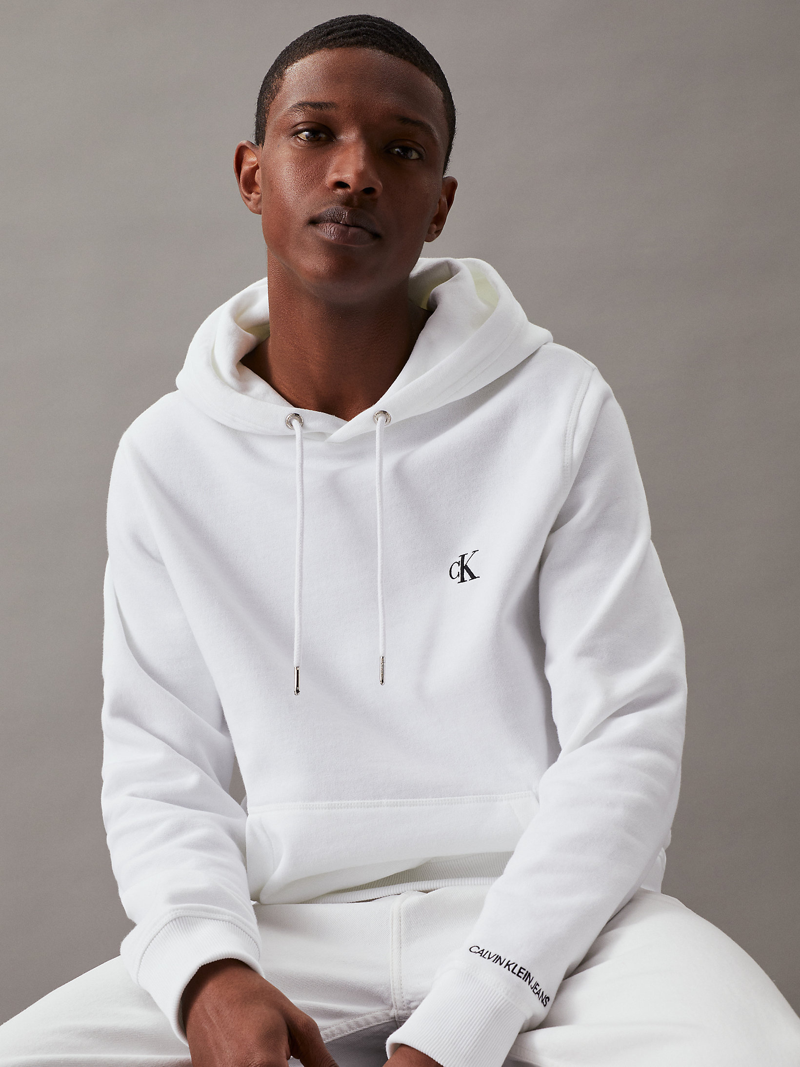Bright White Cotton Blend Fleece Hoodie undefined men Calvin Klein