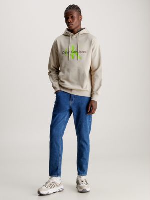 Calvin Klein Men's Relaxed Fit Monogram Logo Fleece Hoodie, Beige Heather,  X-Small at  Men's Clothing store