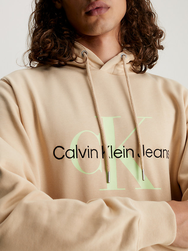 beige cotton blend fleece hoodie for men calvin klein jeans