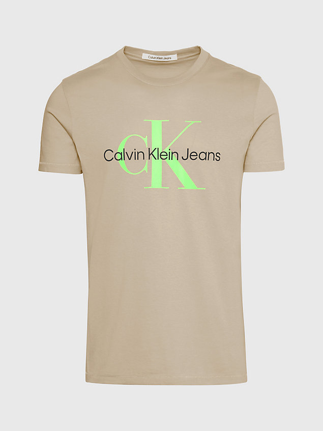 beige slim t-shirt met logo van biologisch katoen voor heren - calvin klein jeans