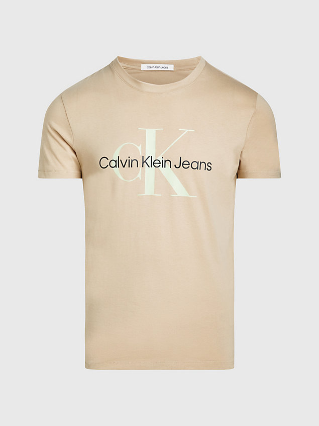 beige slim t-shirt met logo van biologisch katoen voor heren - calvin klein jeans