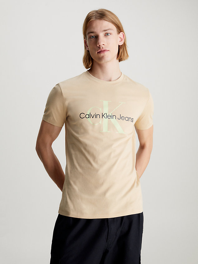 t-shirt slim in cotone biologico con logo beige da uomini calvin klein jeans