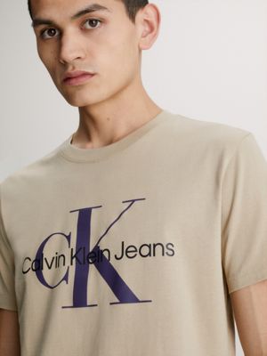 beige slim organic cotton logo t-shirt for men calvin klein jeans
