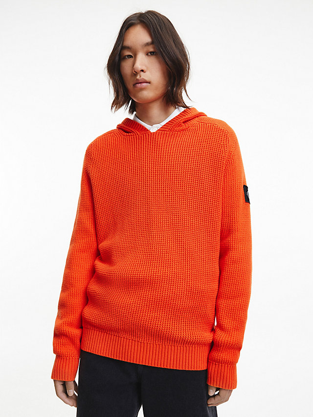 Coral Orange Combed Cotton Hooded Jumper undefined men Calvin Klein