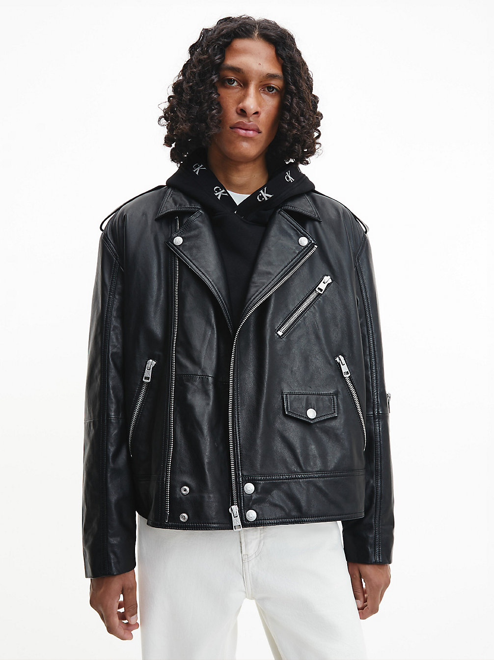 CK BLACK Relaxed Leather Biker Jacket undefined men Calvin Klein