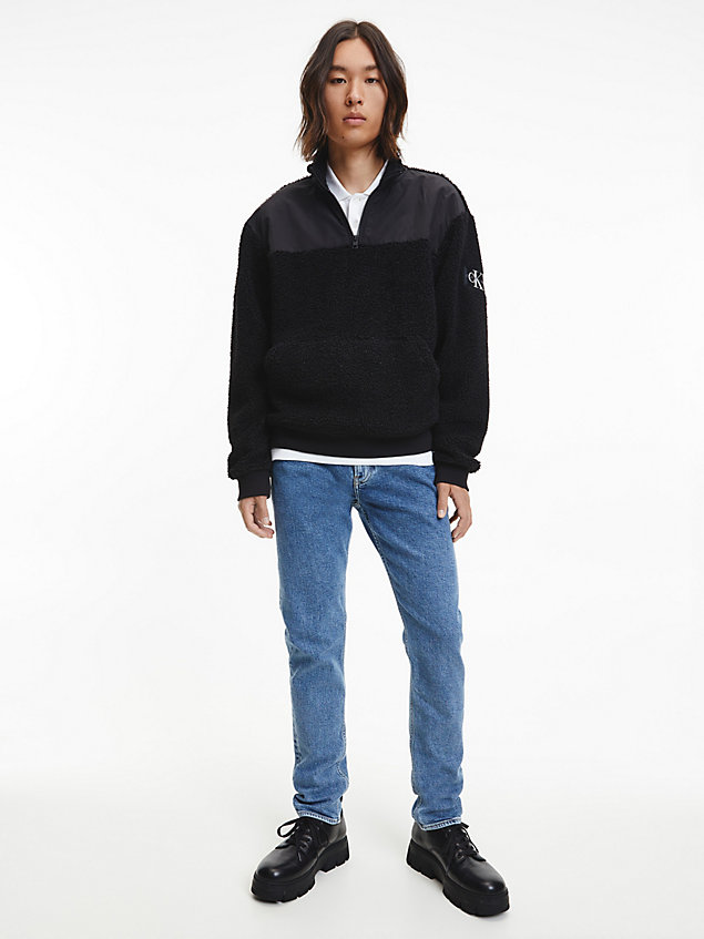 black relaxed sherpa trui met ritskraag voor heren - calvin klein jeans