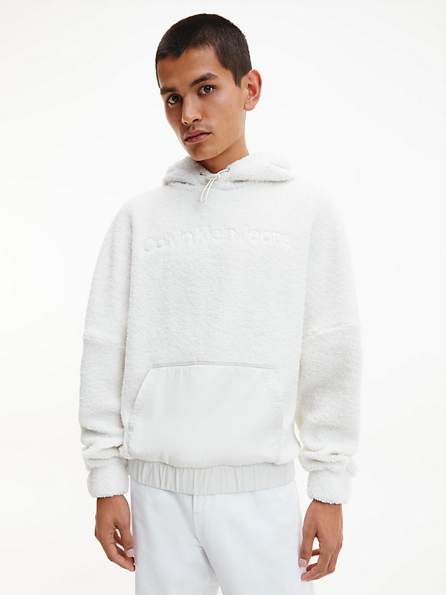 white relaxed sherpa hoodie for men calvin klein jeans