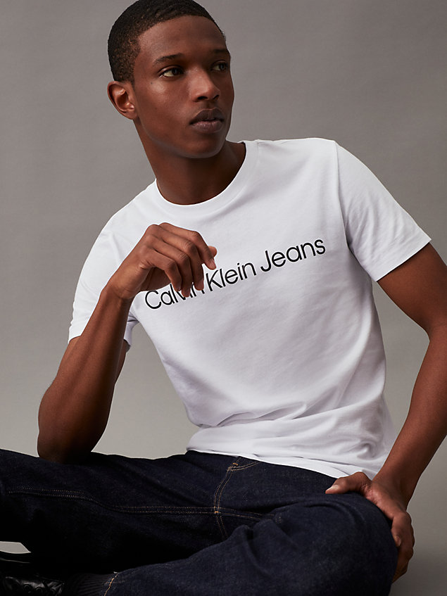t-shirt slim in cotone biologico con logo white da uomini calvin klein jeans