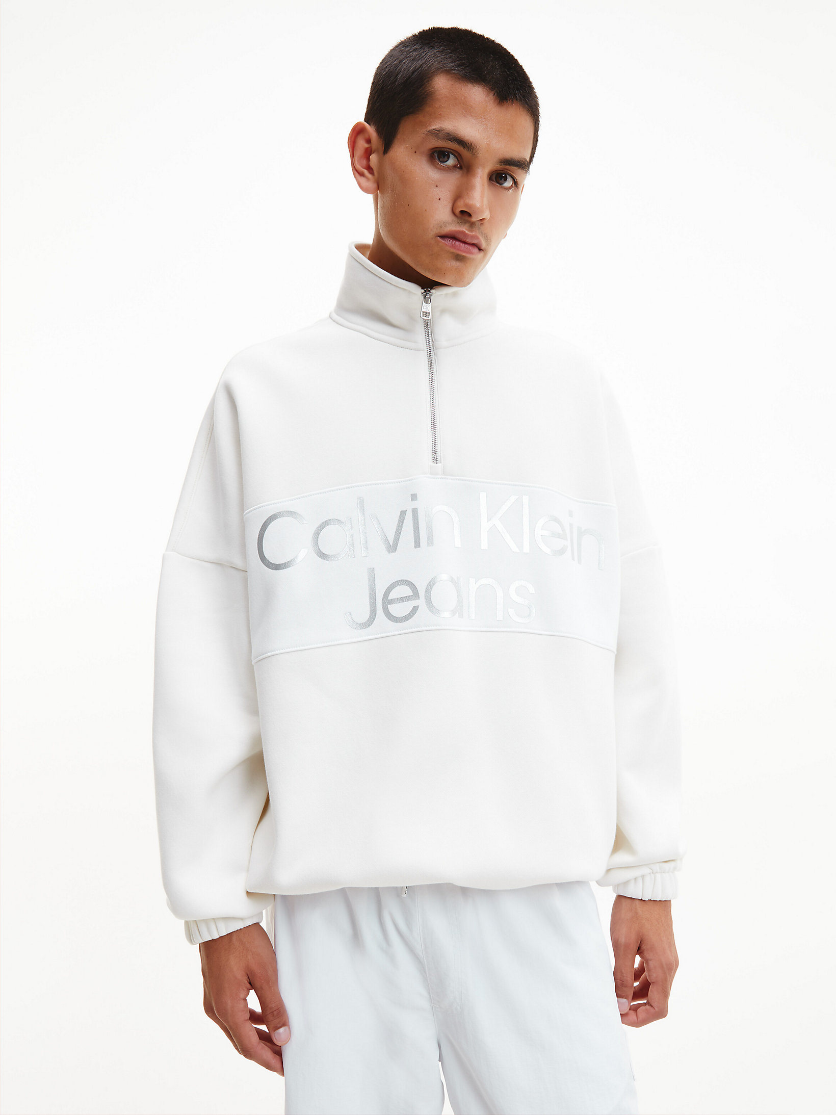 Ivory Relaxed Zip Neck Sweatshirt undefined men Calvin Klein