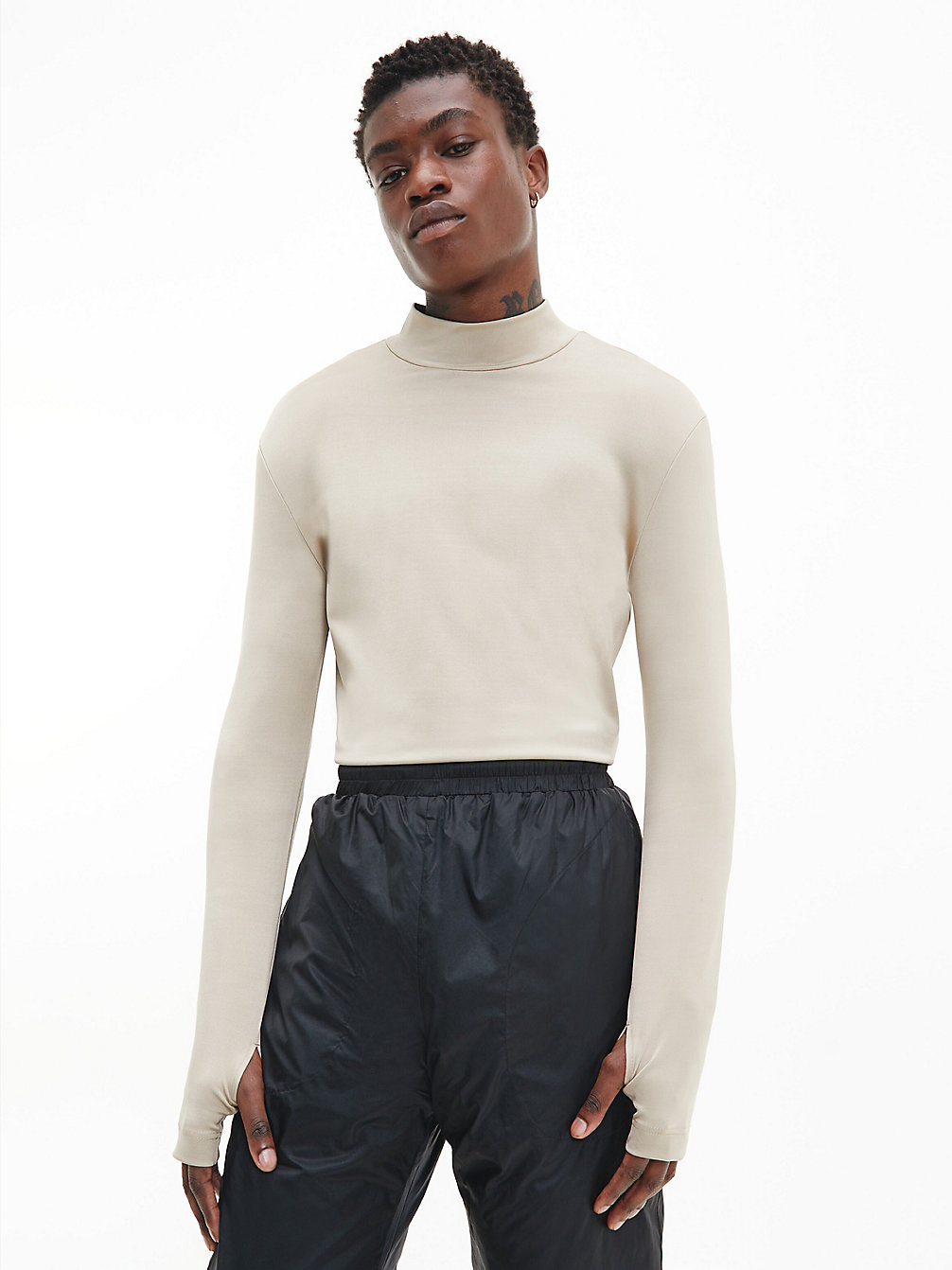 LIGHT BEIGE Slim Stretch Long Sleeve T-Shirt undefined men Calvin Klein