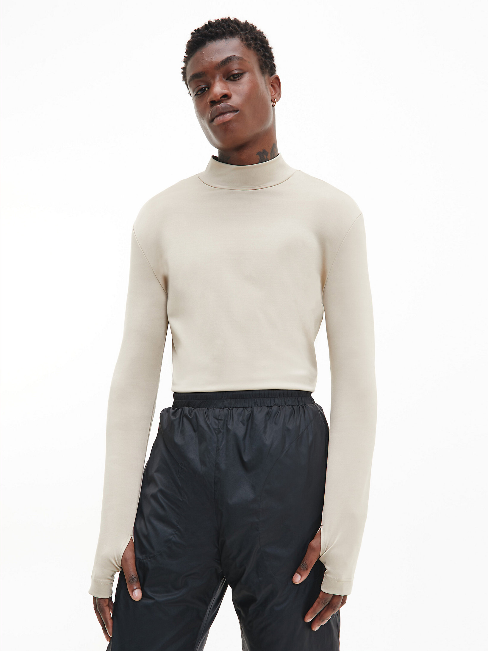 Light Beige Slim Stretch Long Sleeve T-Shirt undefined men Calvin Klein