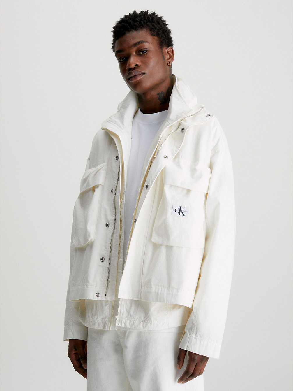 ANCIENT WHITE Cropped Cotton Twill Zip Up Jacket undefined men Calvin Klein