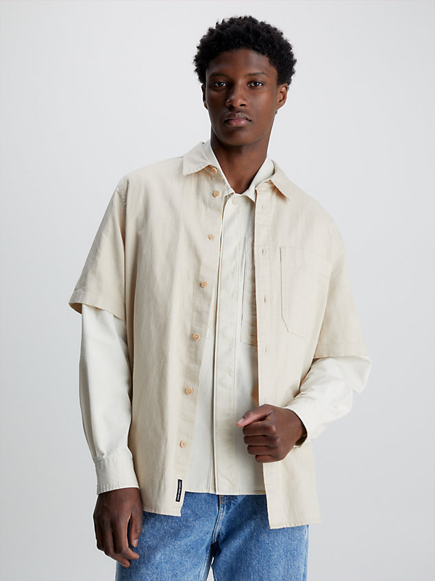 camisa de manga corta de lino y algodón beige de hombres calvin klein jeans