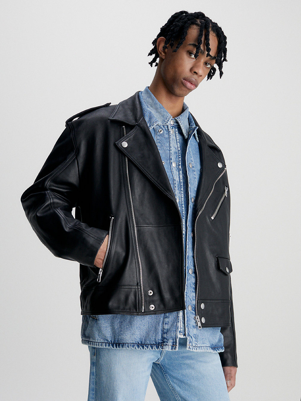 CK BLACK Relaxed Leather Biker Jacket undefined men Calvin Klein