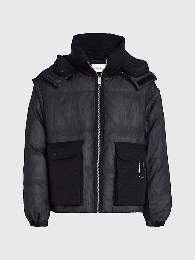 black 2-in-1 quilted mesh puffer jacket for men calvin klein jeans